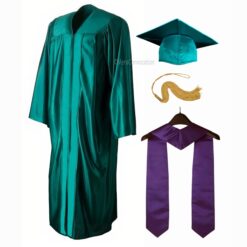''Peacock Green Shiny Convocation Gown and Cap with Purple Stole''>