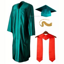 ''Peacock Green Shiny Convocation Gown and Cap with Red Stole''>