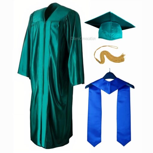 ''Peacock Green Shiny Convocation Gown and Cap with Royal Blue Stole''>