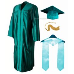 ''Peacock Green Shiny Convocation Gown and Cap with Sky Blue Stole''>