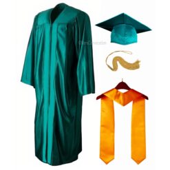 ''Peacock Green Shiny Convocation Gown and Cap with Yellow Stole''>