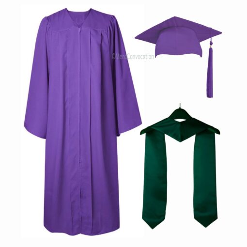 ''Purple Matte Graduation Gown with Dark Green Stole''>