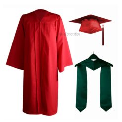 ''Red Matte Graduation Gown with Dark Green Stole''>