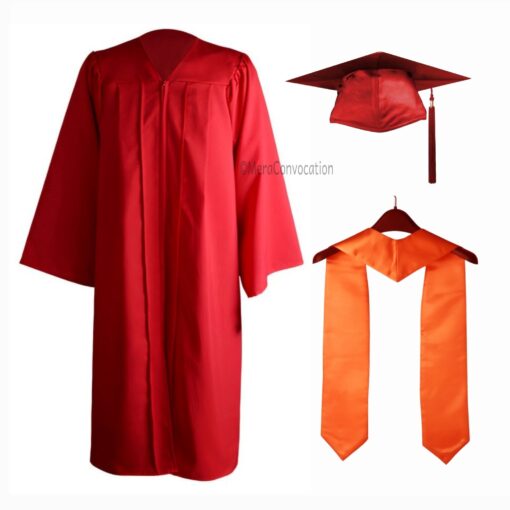 ''Red Matte Graduation Gown with Orange Stole''>