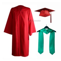 ''Red Matte Graduation Gown with Peacock Green Stole''>