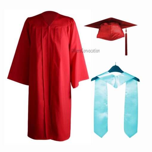 ''Red Matte Graduation Gown with Sky Blue Stole''>