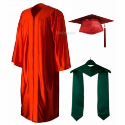 ''Red Shiny Convocation Gown with Dark Green Stole''>