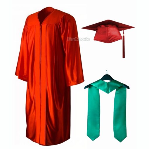 ''Red Shiny Convocation Gown with Peacock Green Stole''>