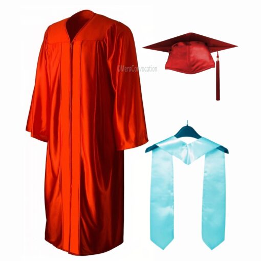 ''Red Shiny Convocation Gown with Sky Blue Stole''>