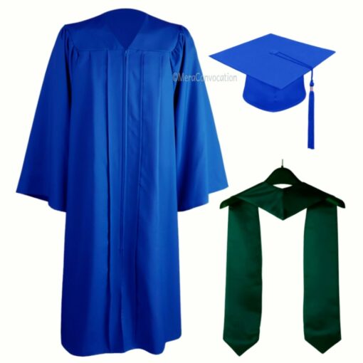 ''Royal Blue Matte Zipper Graduation Gown with Bottle Green Stole''>