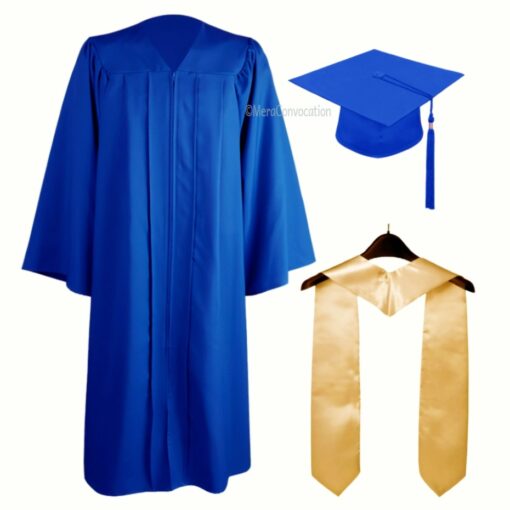 ''Royal Blue Matte Zipper Graduation Gown with Cream Stole''>