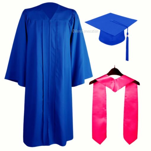 ''Royal Blue Matte Zipper Graduation Gown with Dark Pink Stole''>