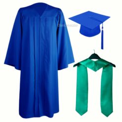 ''Royal Blue Matte Zipper Graduation Gown with Emerald Green Stole''>