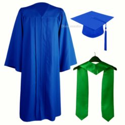 ''Royal Blue Matte Zipper Graduation Gown with Green Stole''>