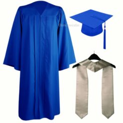 ''Royal Blue Matte Zipper Graduation Gown with Grey Stole''>