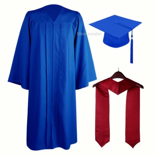 ''Royal Blue Matte Zipper Graduation Gown with Maroon Stole''>