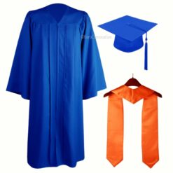 ''Royal Blue Matte Zipper Graduation Gown with Orange Stole''>