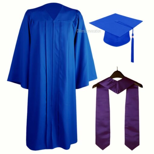 ''Royal Blue Matte Zipper Graduation Gown with Purple Stole''>