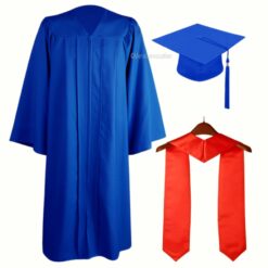 ''Royal Blue Matte Zipper Graduation Gown with Red Stole''>