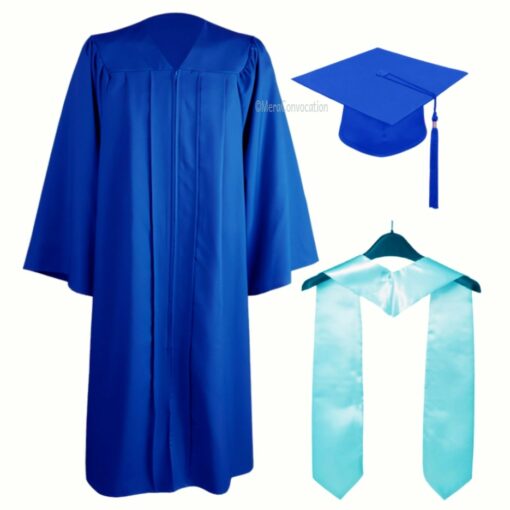 ''Royal Blue Matte Zipper Graduation Gown with Sky Blue Stole''>