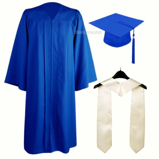 ''Royal Blue Matte Zipper Graduation Gown with White Stole''>