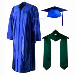 ''Royal Blue Shiny Zipper Convocation Gown and Cap with Bottle Green Stole''>