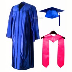 ''Royal Blue Shiny Zipper Convocation Gown and Cap with Dark Pink Stole''>