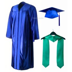 ''Royal Blue Shiny Zipper Convocation Gown and Cap with Emerald Green Stole''>