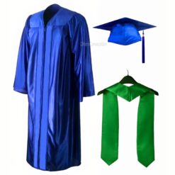 ''Royal Blue Shiny Zipper Convocation Gown and Cap with Green Stole''>