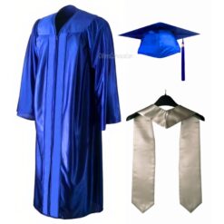 ''Royal Blue Shiny Zipper Convocation Gown and Cap with Grey Stole''>