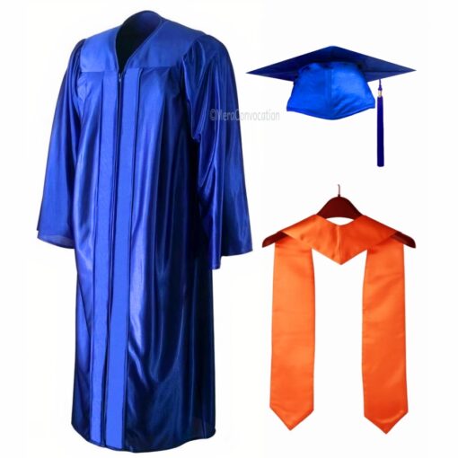 ''Royal Blue Shiny Zipper Convocation Gown and Cap with Orange Stole''>