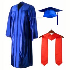 ''Royal Blue Shiny Zipper Convocation Gown and Cap with Red Stole''>