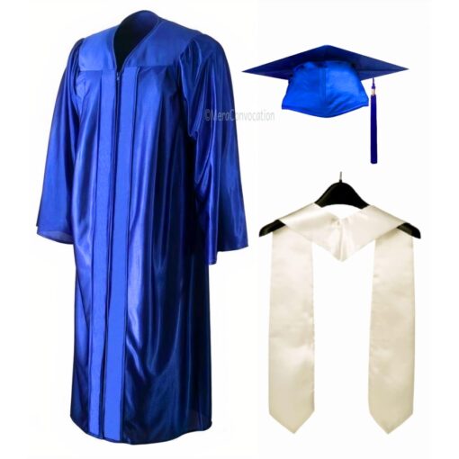 ''Royal Blue Shiny Zipper Convocation Gown and Cap with White Stole''>