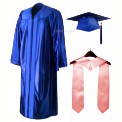 ''Royal Blue Shiny Zipper Graduation Gown and Cap with Baby Pink Stole''>