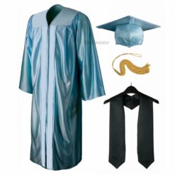 ''Sky Blue Shiny Convocation Gown and Cap with Black Stole''>