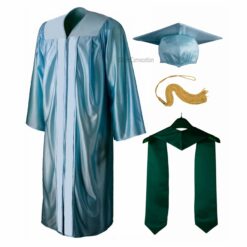 ''Sky Blue Shiny Convocation Gown and Cap with Dark Green Stole''>