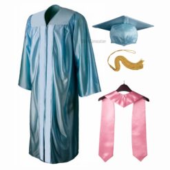 ''Sky Blue Shiny Convocation Gown and Cap with Light Pink Stole''>