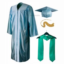 ''Sky Blue Shiny Convocation Gown and Cap with Peacock Green Stole''>