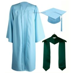 ''Sky Blue Zipper Graduation Gown with Bottle Green Stole''>