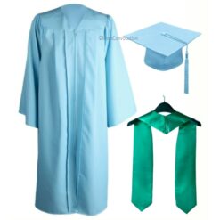 ''Sky Blue Zipper Graduation Gown with Emerald Green Stole''>