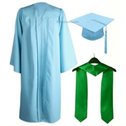 ''Sky Blue Zipper Graduation Gown with Green Stole''>