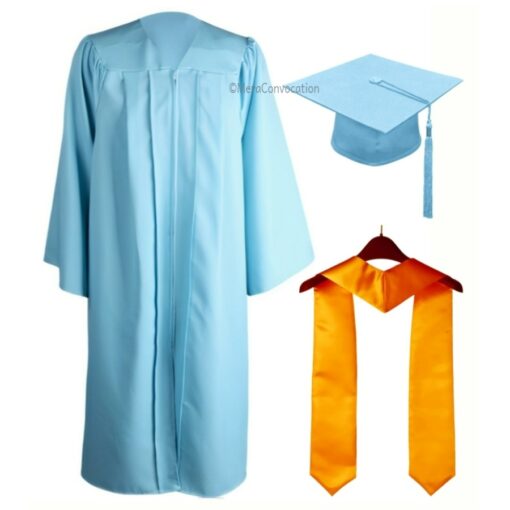 ''Sky Blue Zipper Graduation Gown with Yellow Stole''>