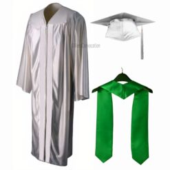 ''White Shiny Convocation Gown and Cap with Green Stole''>