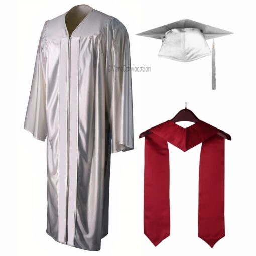 ''White Shiny Convocation Gown and Cap with Maroon Stole''>