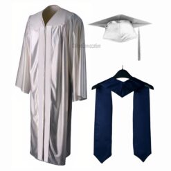 ''White Shiny Convocation Gown and Cap with Navy Blue Stole''>