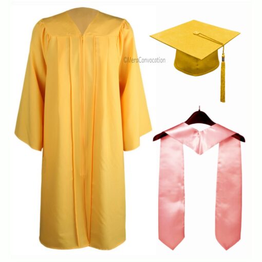 ''Yellow Matte Graduation Gown with Baby Pink Stole''>