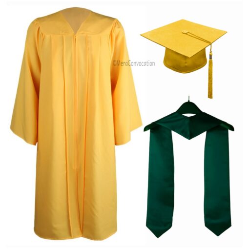 ''Yellow Matte Graduation Gown with Dark Green Stole''>