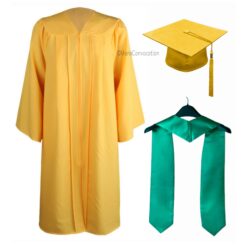 ''Yellow Matte Graduation Gown with Peacock Green Stole''>