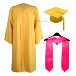 ''Yellow Matte Graduation Gown with Pink Stole''>