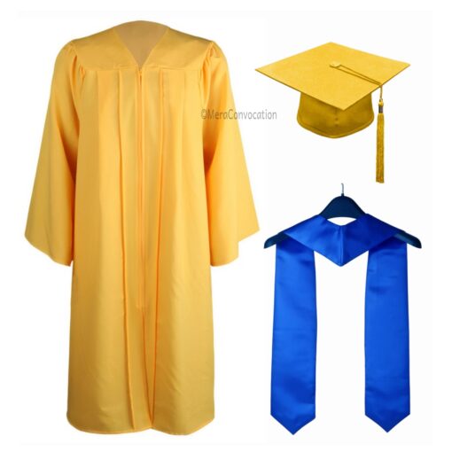 ''Yellow Matte Graduation Gown with Royal Blue Stole''>